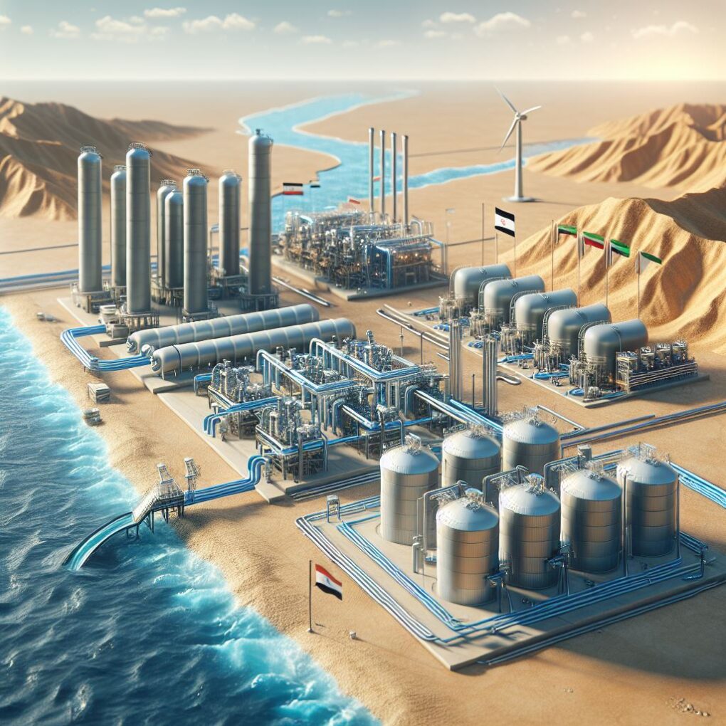 A realistic illustration of water desalination facilities in Iran and Iraq. Show modern industrial p